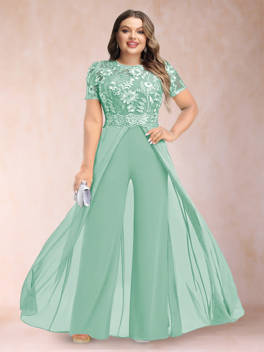 A-Line/Princess Scoop Short Sleeves 2 Pieces Plus Size Mother of the Bride Pantsuits with Applique