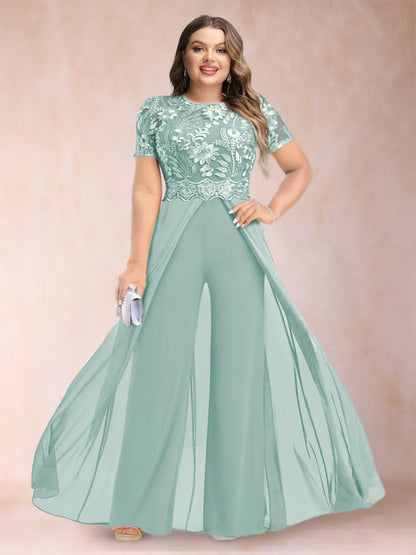 A-Line/Princess Scoop Short Sleeves 2 Pieces Plus Size Mother of the Bride Pantsuits with Applique