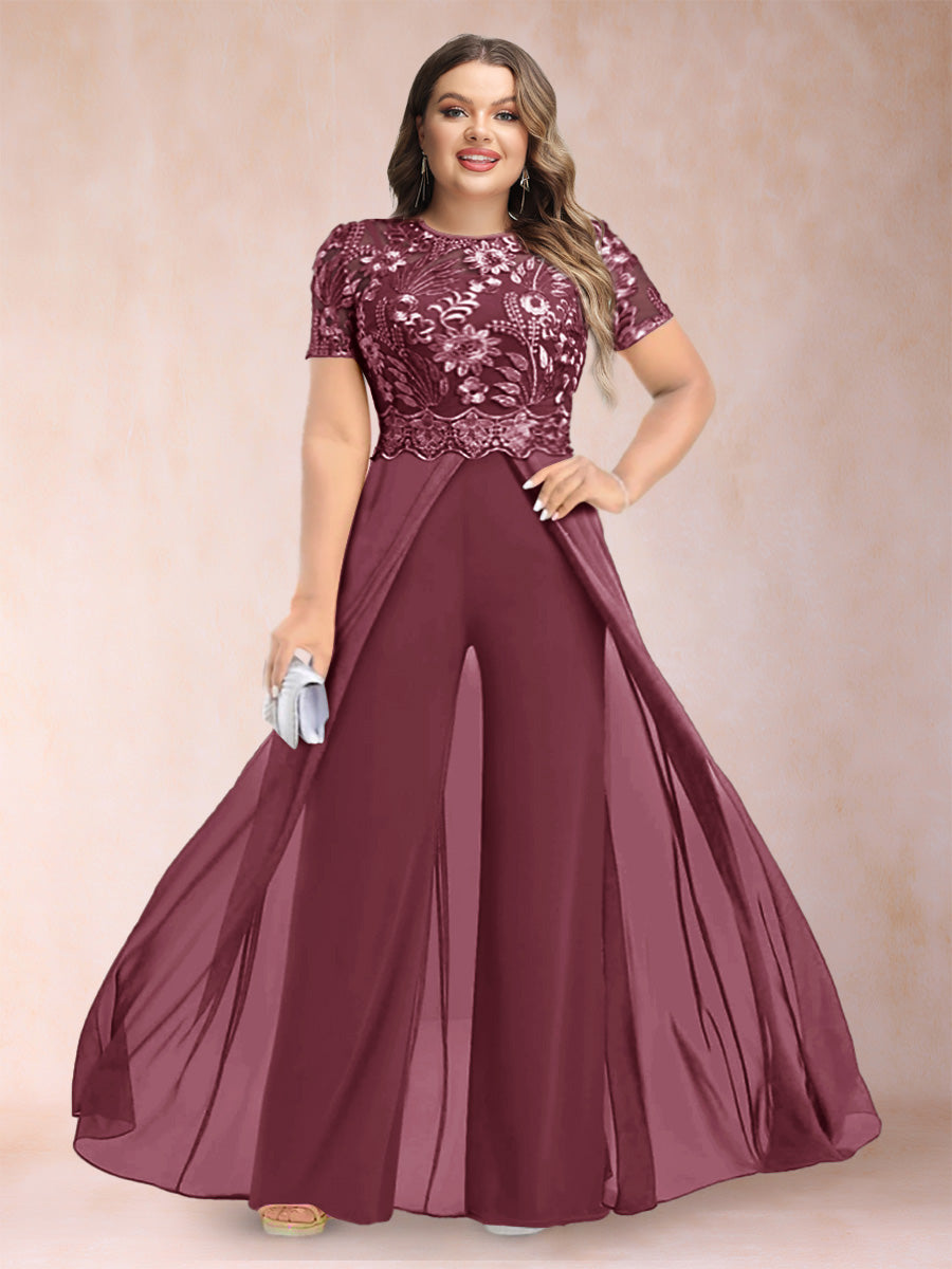 A-Line/Princess Scoop Short Sleeves 2 Pieces Plus Size Mother of the Bride Pantsuits with Applique