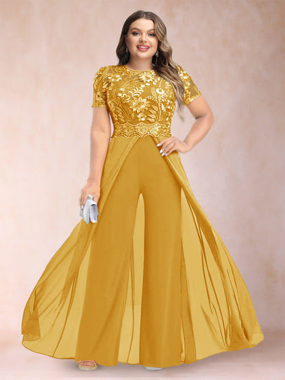 A-Line/Princess Scoop Short Sleeves 2 Pieces Plus Size Mother of the Bride Pantsuits with Applique