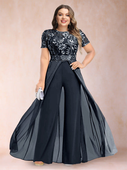 A-Line/Princess Scoop Short Sleeves 2 Pieces Plus Size Mother of the Bride Pantsuits with Applique