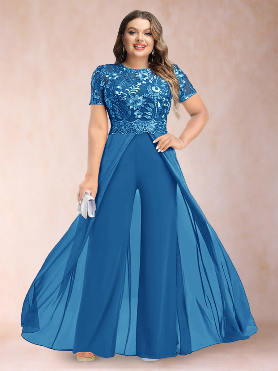 A-Line/Princess Scoop Short Sleeves 2 Pieces Plus Size Mother of the Bride Pantsuits with Applique