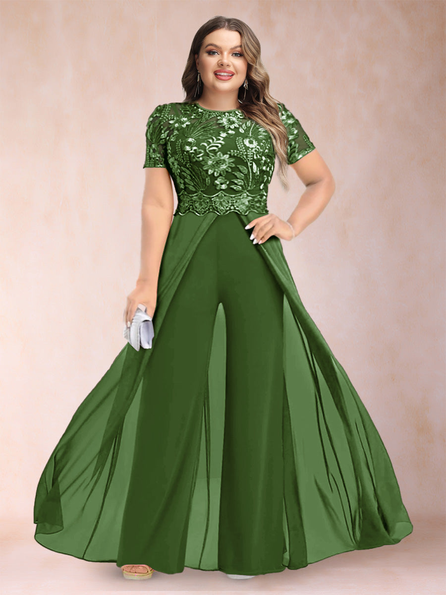 A-Line/Princess Scoop Short Sleeves 2 Pieces Plus Size Mother of the Bride Pantsuits with Applique