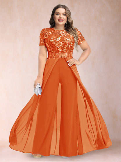 A-Line/Princess Scoop Short Sleeves 2 Pieces Plus Size Mother of the Bride Pantsuits with Applique