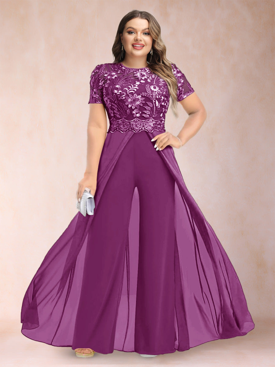 A-Line/Princess Scoop Short Sleeves 2 Pieces Plus Size Mother of the Bride Pantsuits with Applique