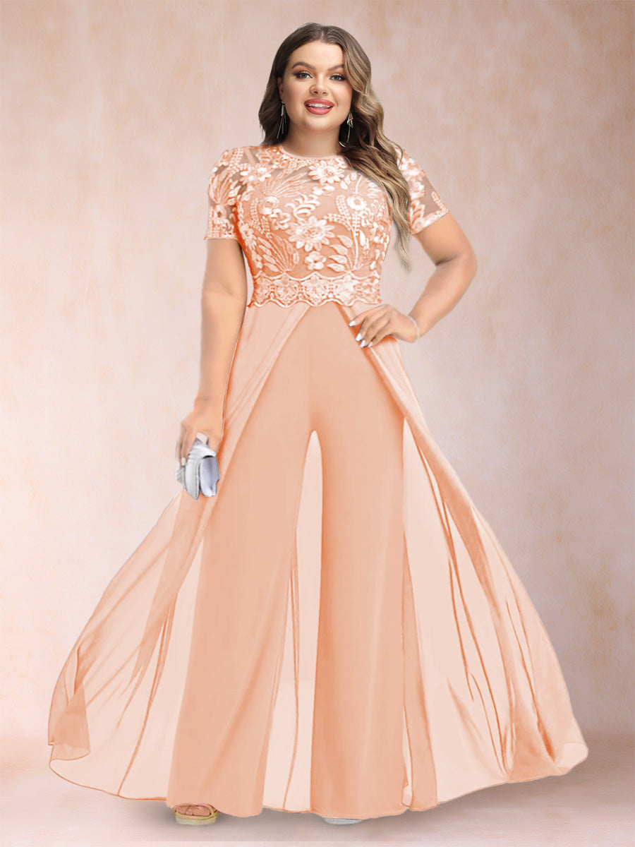 A-Line/Princess Scoop Short Sleeves 2 Pieces Plus Size Mother of the Bride Pantsuits with Applique