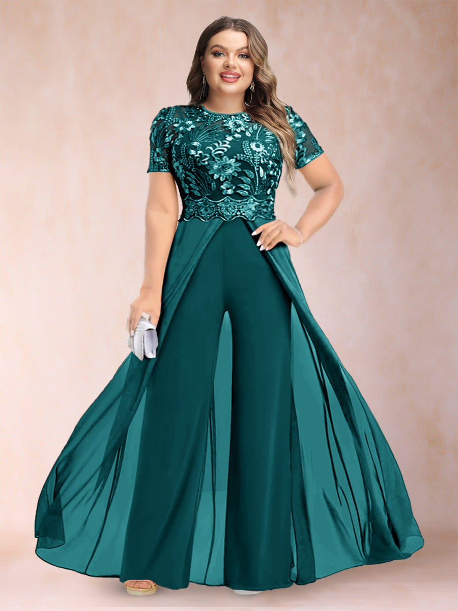 A-Line/Princess Scoop Short Sleeves 2 Pieces Plus Size Mother of the Bride Pantsuits with Applique