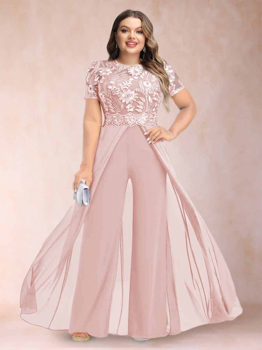 A-Line/Princess Scoop Short Sleeves 2 Pieces Plus Size Mother of the Bride Pantsuits with Applique