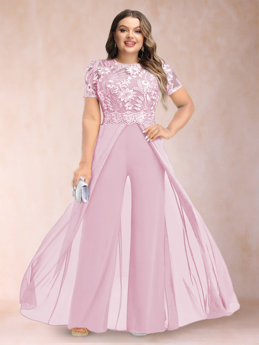 A-Line/Princess Scoop Short Sleeves 2 Pieces Plus Size Mother of the Bride Pantsuits with Applique