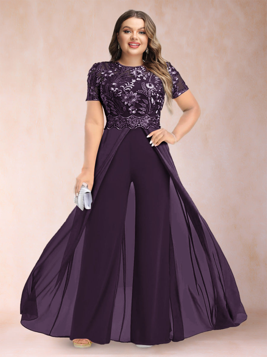 A-Line/Princess Scoop Short Sleeves 2 Pieces Plus Size Mother of the Bride Pantsuits with Applique