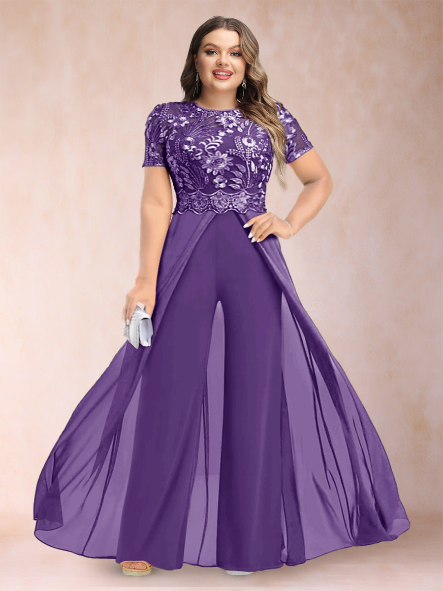 A-Line/Princess Scoop Short Sleeves 2 Pieces Plus Size Mother of the Bride Pantsuits with Applique