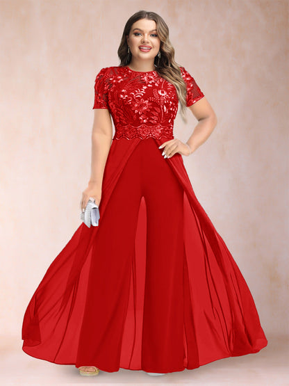 A-Line/Princess Scoop Short Sleeves 2 Pieces Plus Size Mother of the Bride Pantsuits with Applique