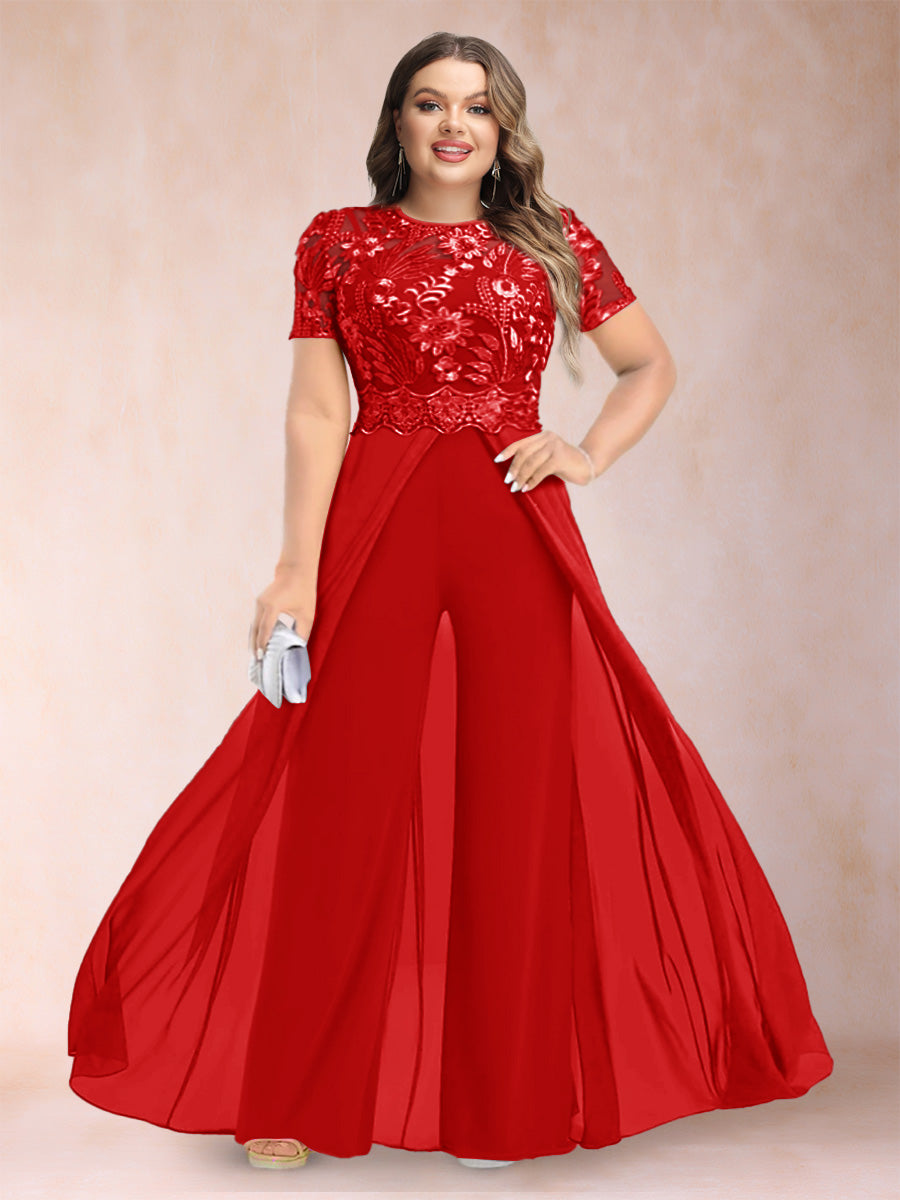 A-Line/Princess Scoop Short Sleeves 2 Pieces Plus Size Mother of the Bride Pantsuits with Applique