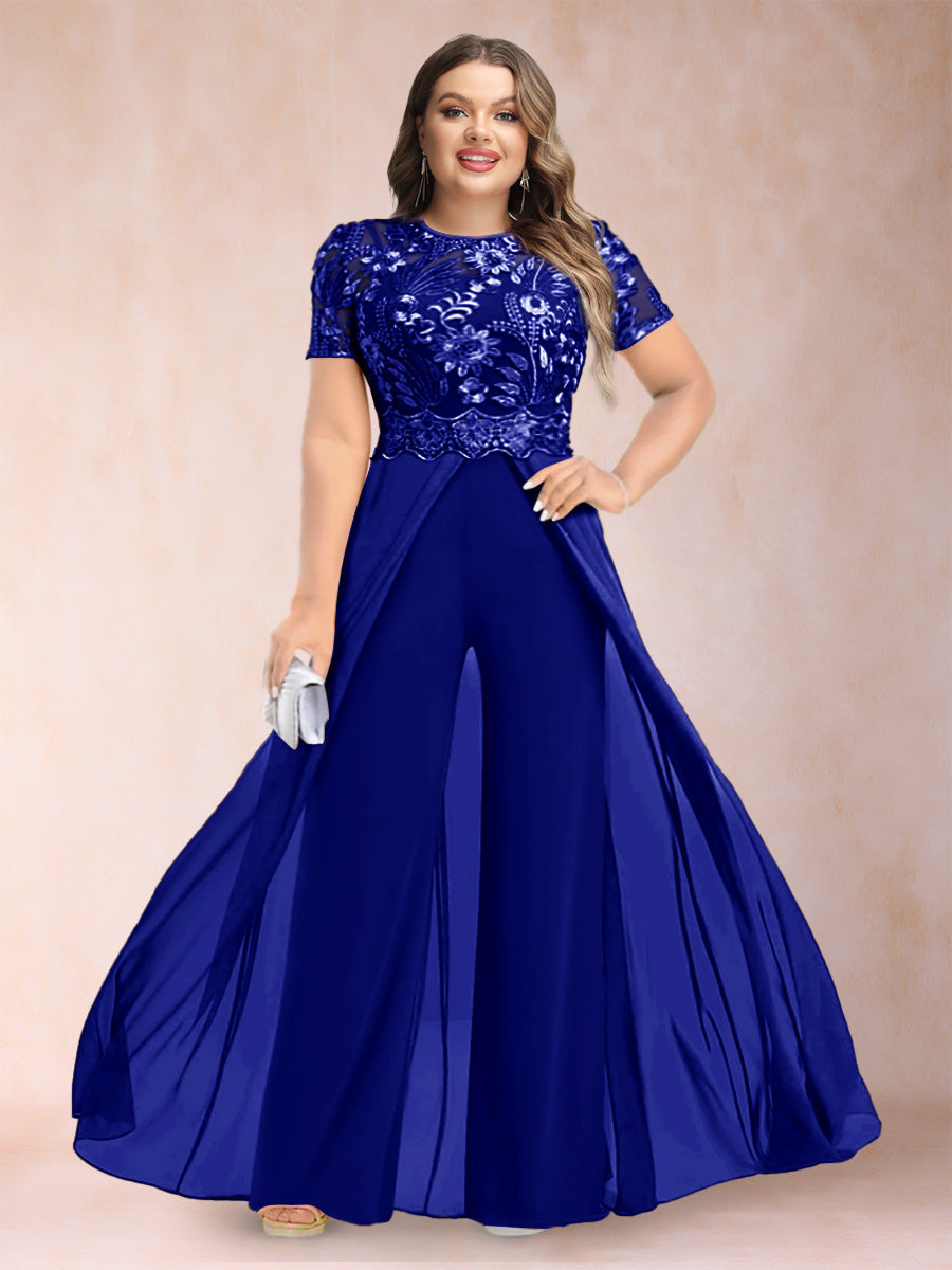 A-Line/Princess Scoop Short Sleeves 2 Pieces Plus Size Mother of the Bride Pantsuits with Applique