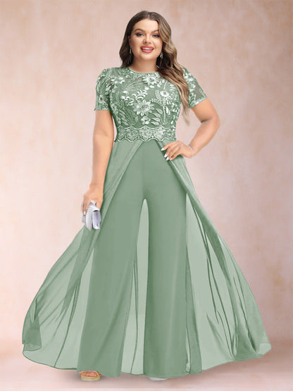 A-Line/Princess Scoop Short Sleeves 2 Pieces Plus Size Mother of the Bride Pantsuits with Applique