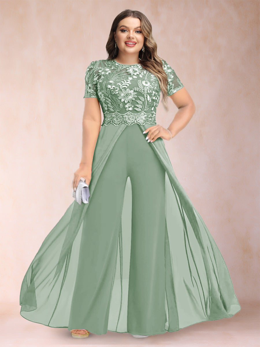 A-Line/Princess Scoop Short Sleeves 2 Pieces Plus Size Mother of the Bride Pantsuits with Applique