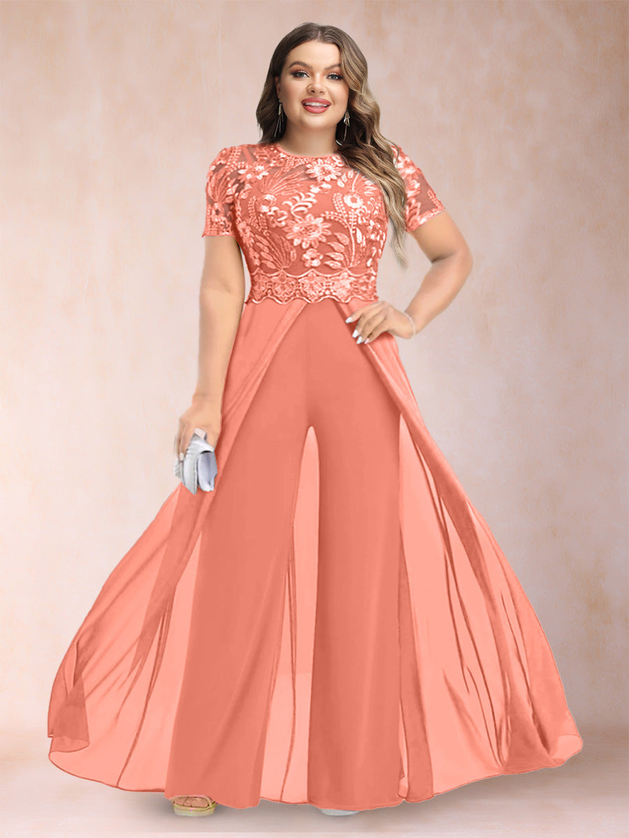 A-Line/Princess Scoop Short Sleeves 2 Pieces Plus Size Mother of the Bride Pantsuits with Applique