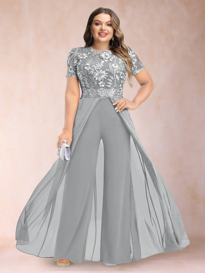 A-Line/Princess Scoop Short Sleeves 2 Pieces Plus Size Mother of the Bride Pantsuits with Applique