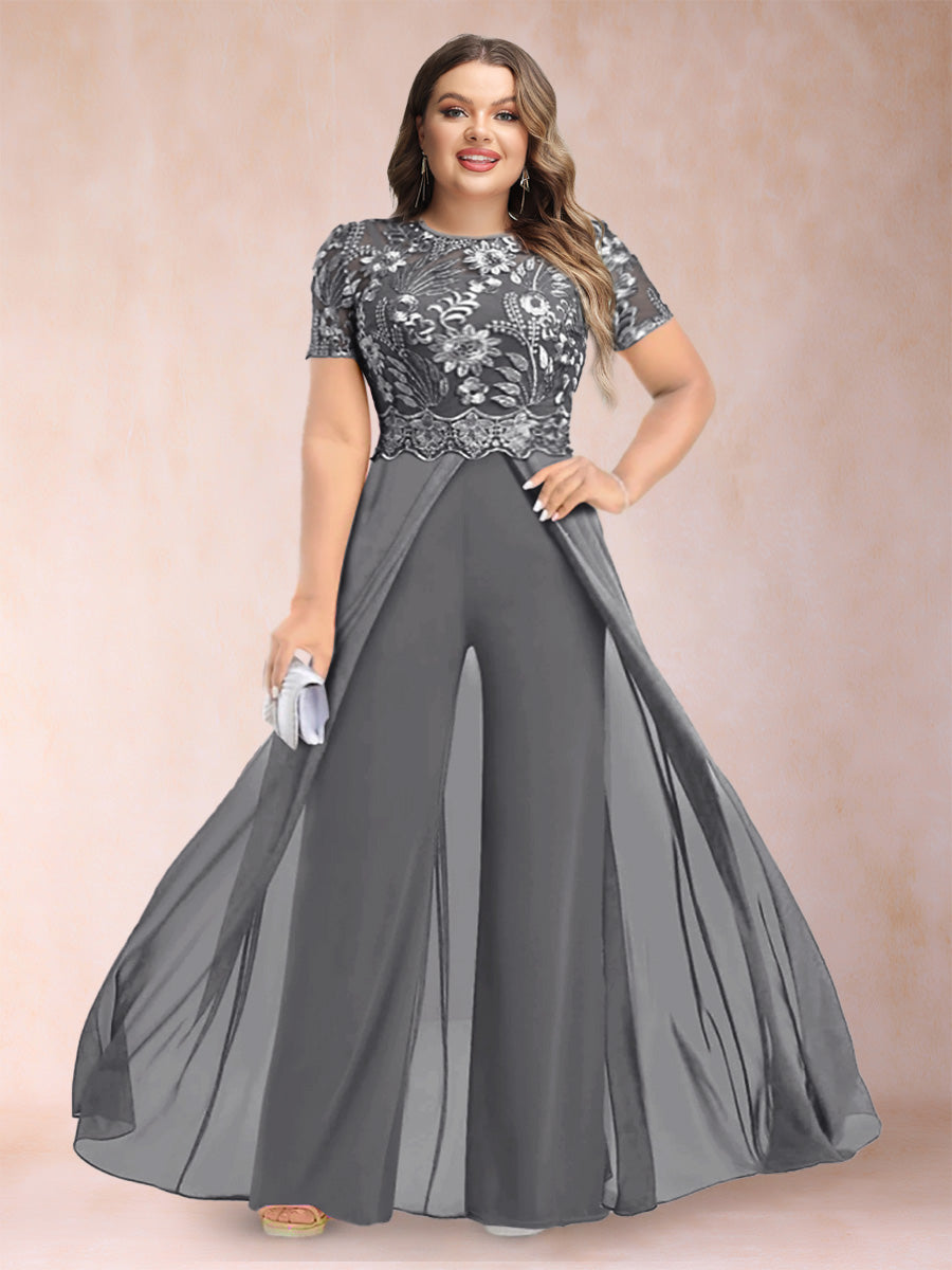 A-Line/Princess Scoop Short Sleeves 2 Pieces Plus Size Mother of the Bride Pantsuits with Applique