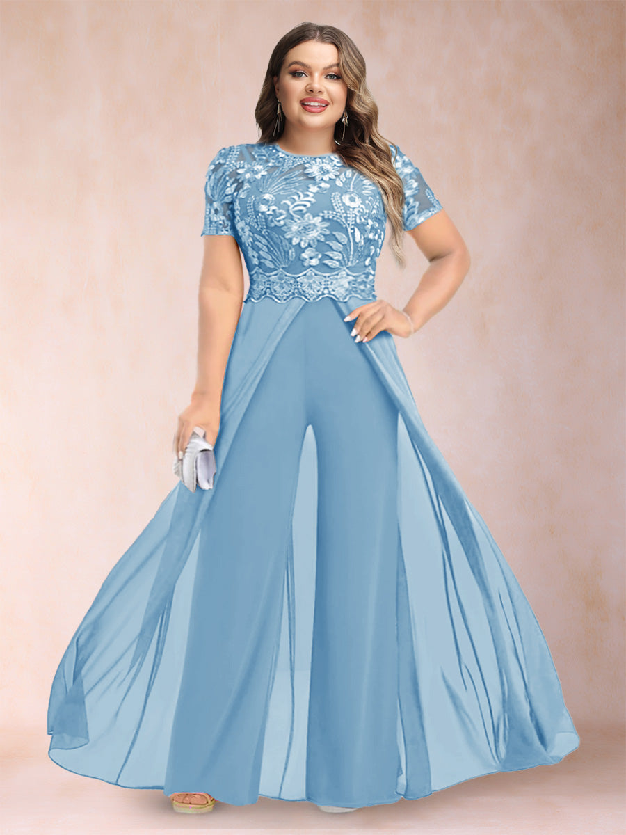 A-Line/Princess Scoop Short Sleeves 2 Pieces Plus Size Mother of the Bride Pantsuits with Applique