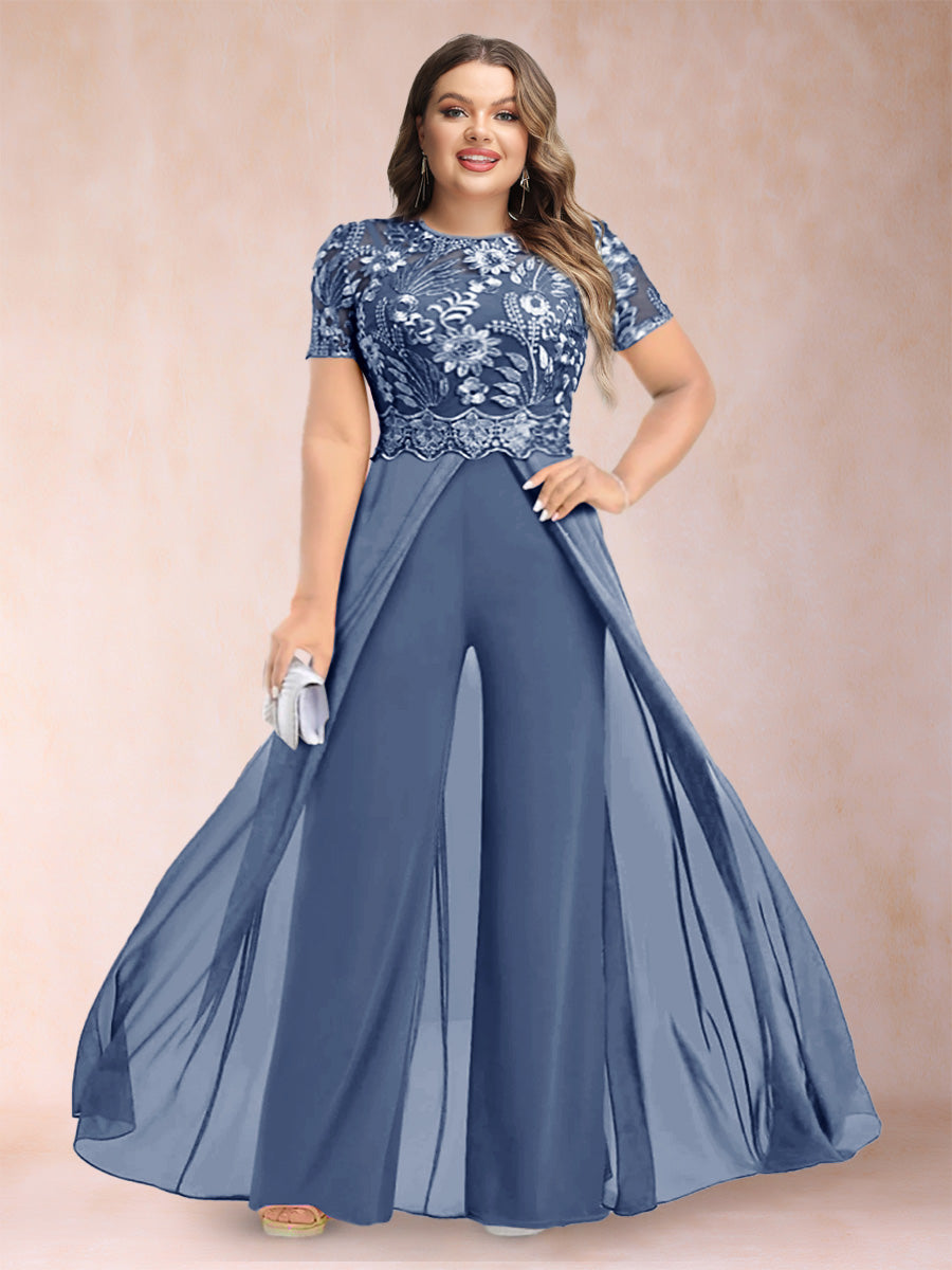 A-Line/Princess Scoop Short Sleeves 2 Pieces Plus Size Mother of the Bride Pantsuits with Applique
