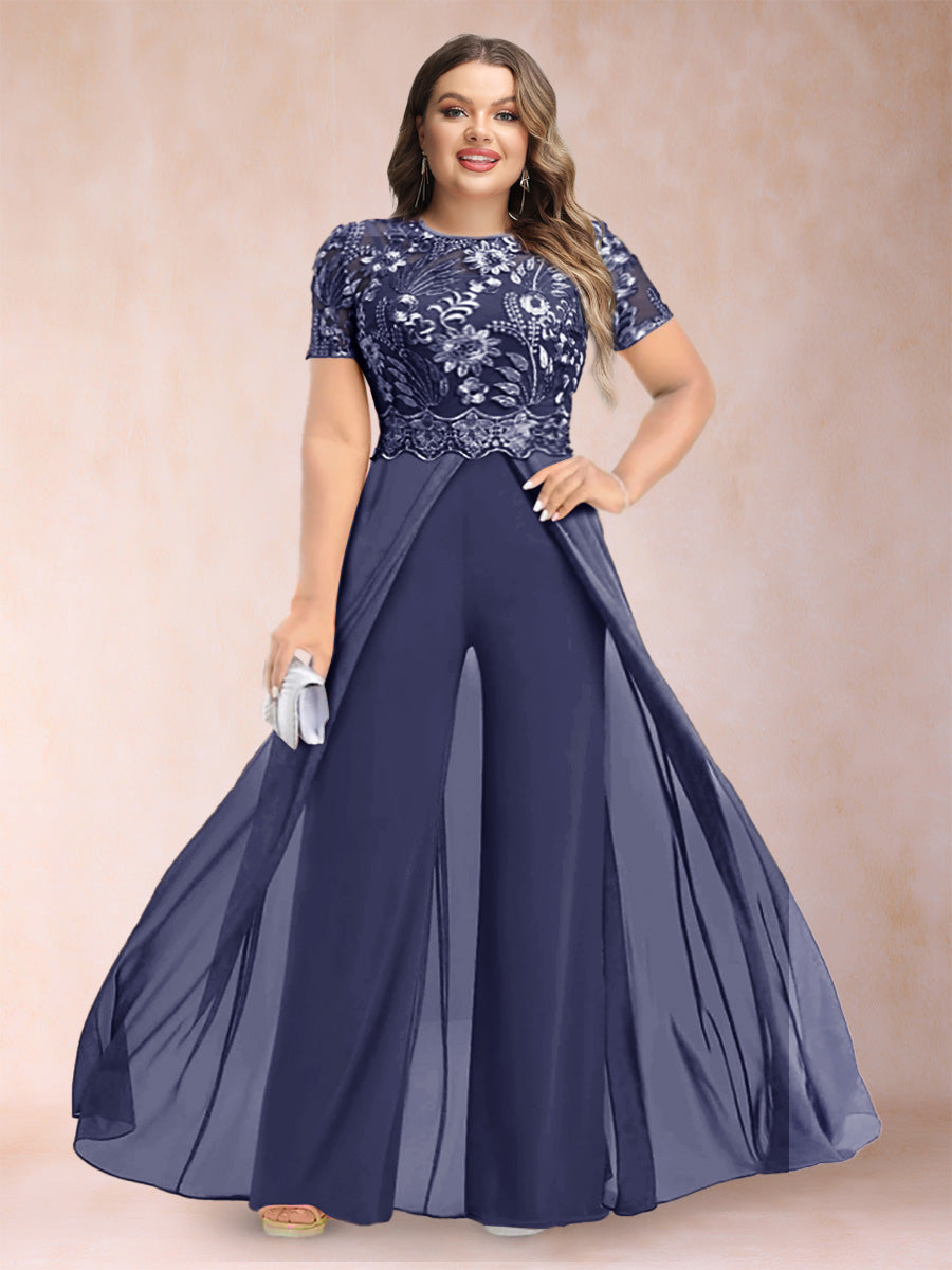 A-Line/Princess Scoop Short Sleeves 2 Pieces Plus Size Mother of the Bride Pantsuits with Applique
