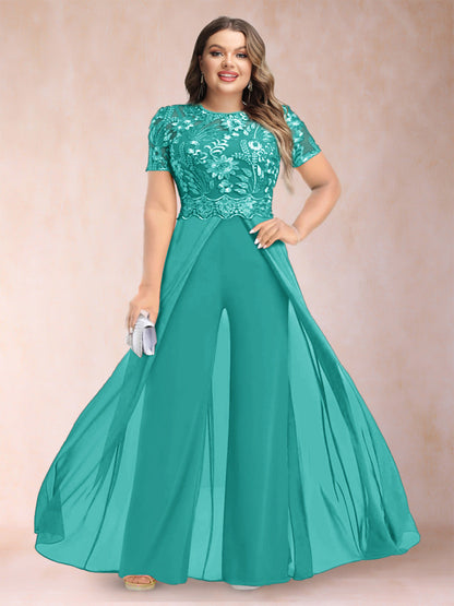 A-Line/Princess Scoop Short Sleeves 2 Pieces Plus Size Mother of the Bride Pantsuits with Applique