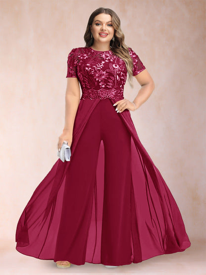 A-Line/Princess Scoop Short Sleeves 2 Pieces Plus Size Mother of the Bride Pantsuits with Applique