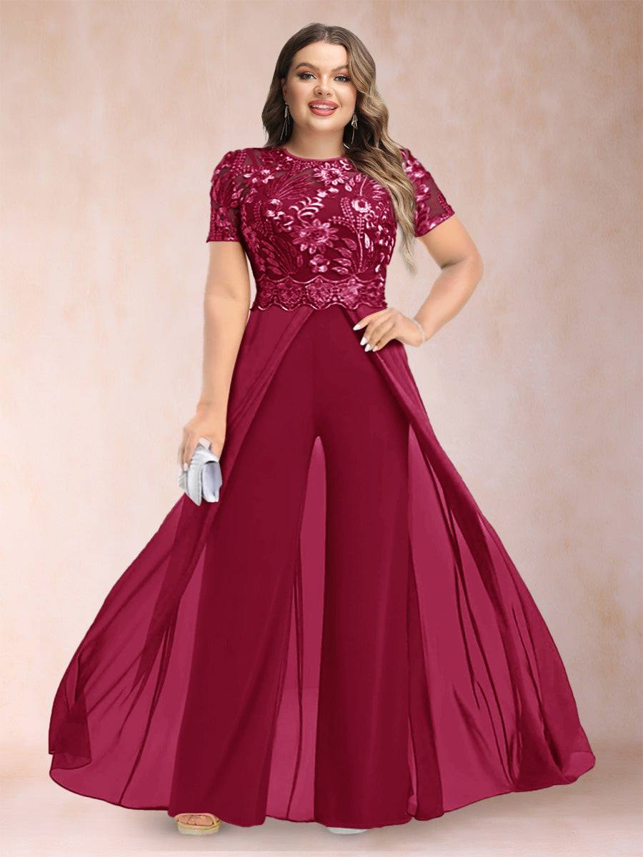 A-Line/Princess Scoop Short Sleeves 2 Pieces Plus Size Mother of the Bride Pantsuits with Applique