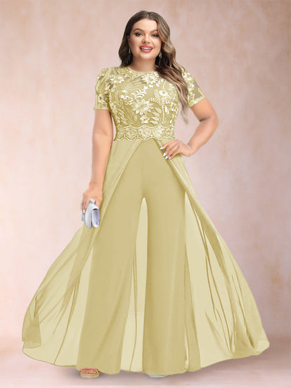 A-Line/Princess Scoop Short Sleeves 2 Pieces Plus Size Mother of the Bride Pantsuits with Applique