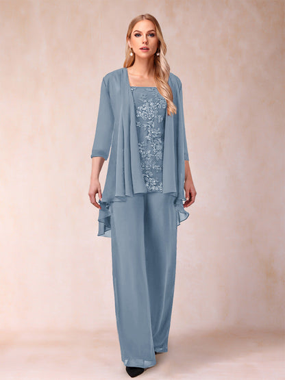 Chiffon Scoop 3/4 Sleeves 3 Pieces Pantsuits with Applique & Jacket