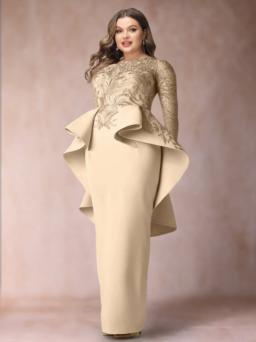 Sheath/Column Scoop Long Sleeves Plus Size Mother of Bride Dresses with Applique