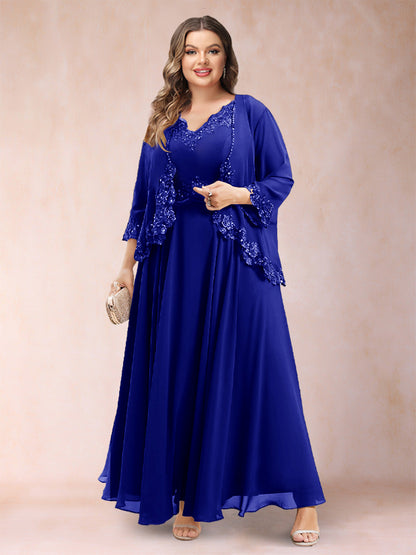 A-Line/Princess V-Neck 3/4 Sleeves 2 Pieces Plus Size Mother of the Bride Dresses with Applique