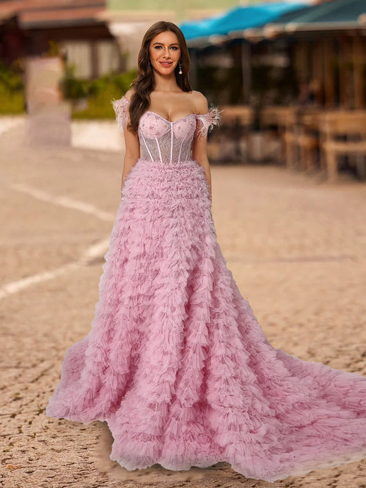 A-Line/Princess Off-the-Shoulder Short Sleeves Formal Dresses with Lace