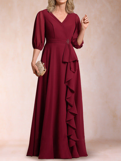 A-Line/Princess V-Neck 3/4 Sleeves Mother of the Bride Dresses with Ruffles