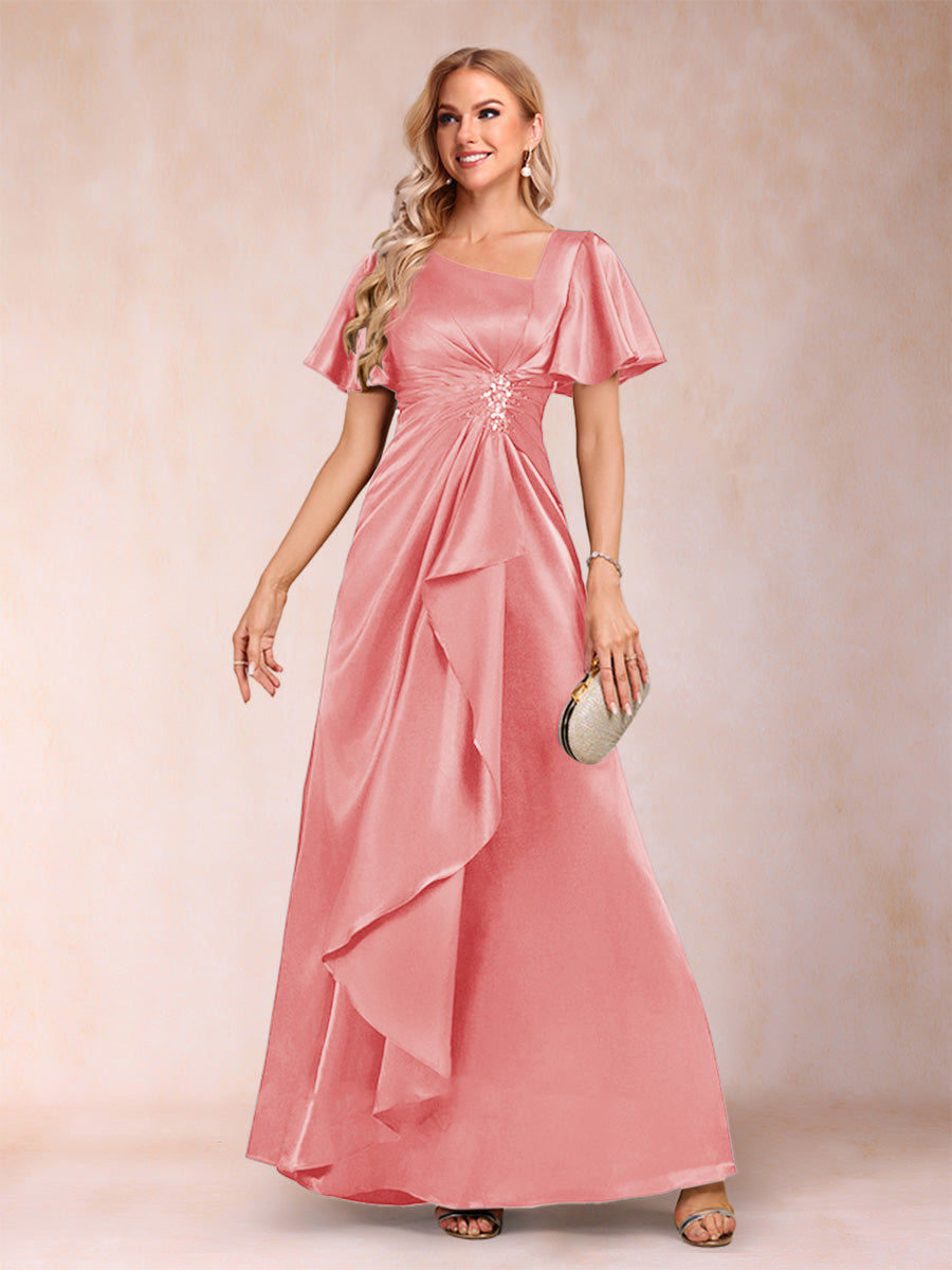 A-Line/Princess V-Neck Short Sleeves Mother of the Bride Dresses with Sash