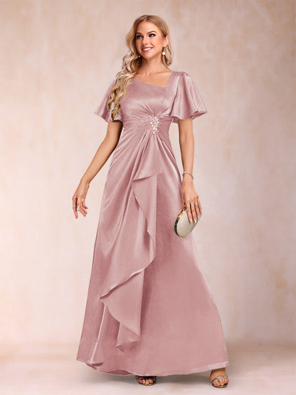 A-Line/Princess V-Neck Short Sleeves Mother of the Bride Dresses with Sash
