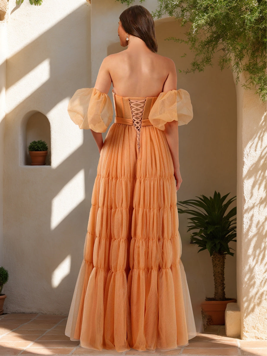 A-Line/Princess Strapless Short Sleeves Formal Dresses with Sash