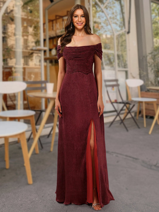 Sheath/Column Off-the-Shoulder Short Sleeves Formal Dresses with Split Side