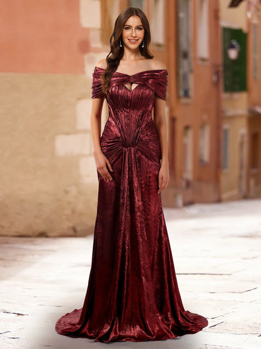 Sheath/Column Off-the-Shoulder Short Sleeves Formal Dresses with Ruched