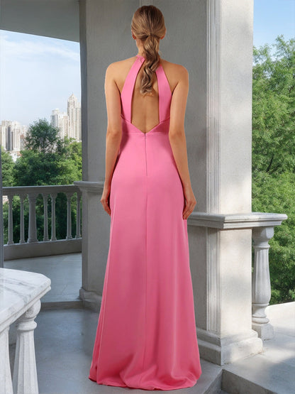 Sheath/Column Halter Sleeveless Formal Dresses with Split Side