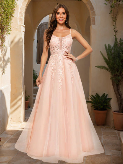 A-Line/Princess Spaghetti Straps Sleeveless Formal Dresses with Applique