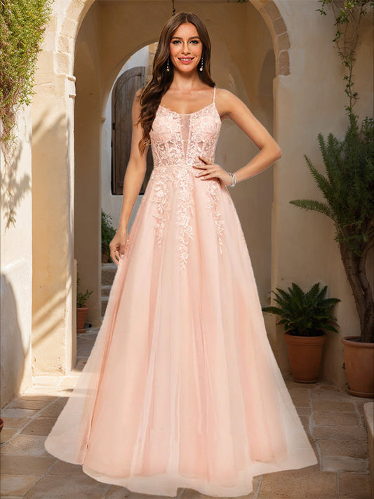 A-Line/Princess Spaghetti Straps Sleeveless Formal Dresses with Applique