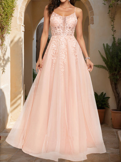 A-Line/Princess Spaghetti Straps Sleeveless Formal Dresses with Applique