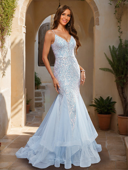 Trumpet/Mermaid V-Neck Sleeveless Formal Dresses with Applique