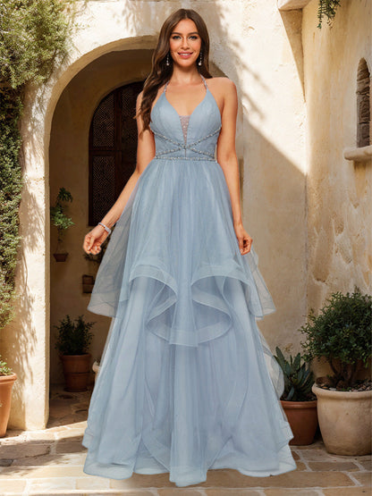 Ball Gown Halter Sleeveless Formal Dresses with Tiered
