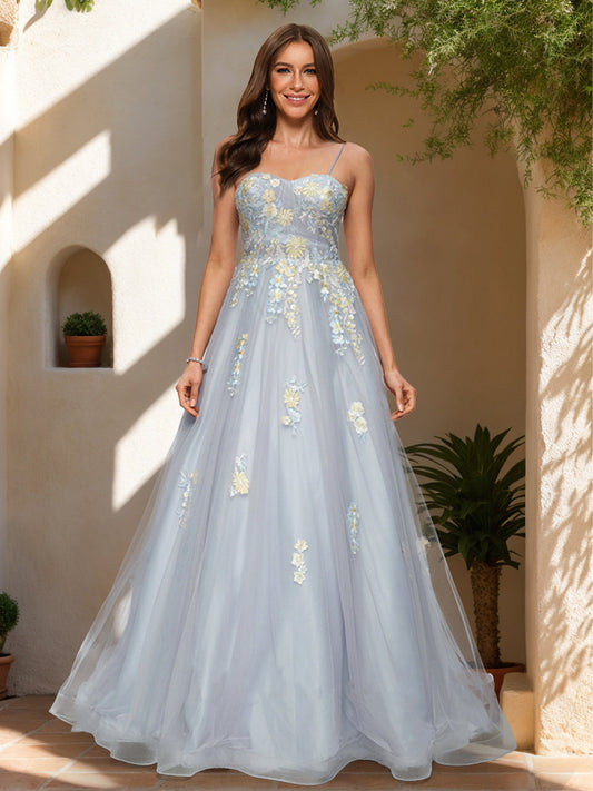 Ball Gown Spaghetti Straps Sleeveless Formal Dresses with Applique