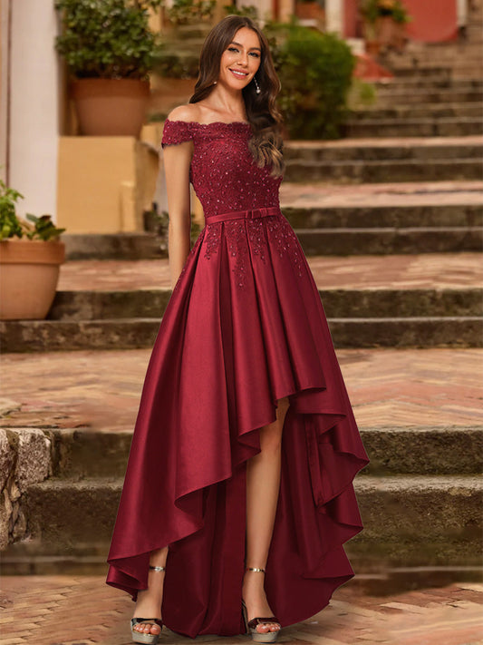 A-Line/Princess Off the Shoulder Short Sleeves Formal Dresses with Sequins