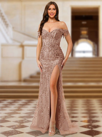 Trumpet/Mermaid Off the Shoulder Short Sleeves Formal Dresses with Sequins