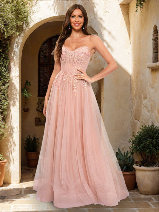 A-Line/Princess Strapless Sleeveless Formal Dresses with Applique